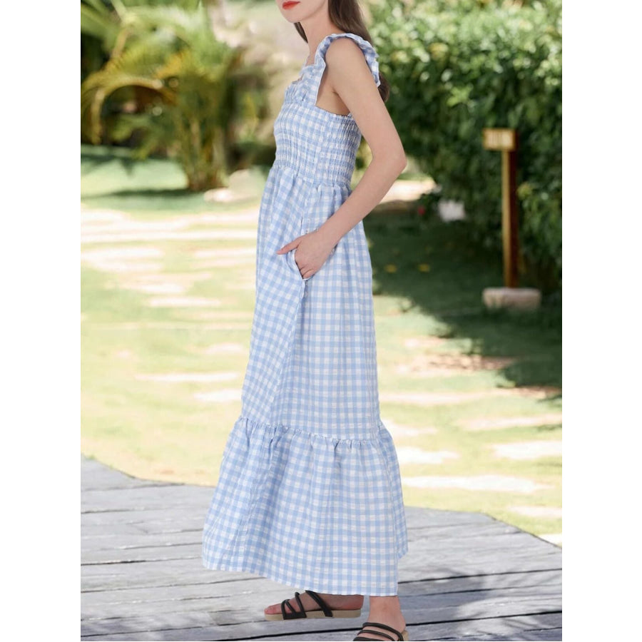 Ruffled Sleeveless Gingham Midi Dress Apparel and Accessories