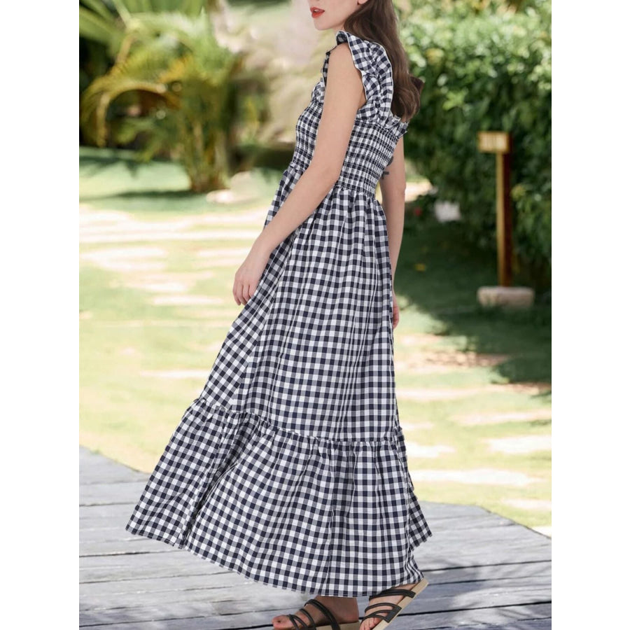 Ruffled Sleeveless Gingham Midi Dress Apparel and Accessories