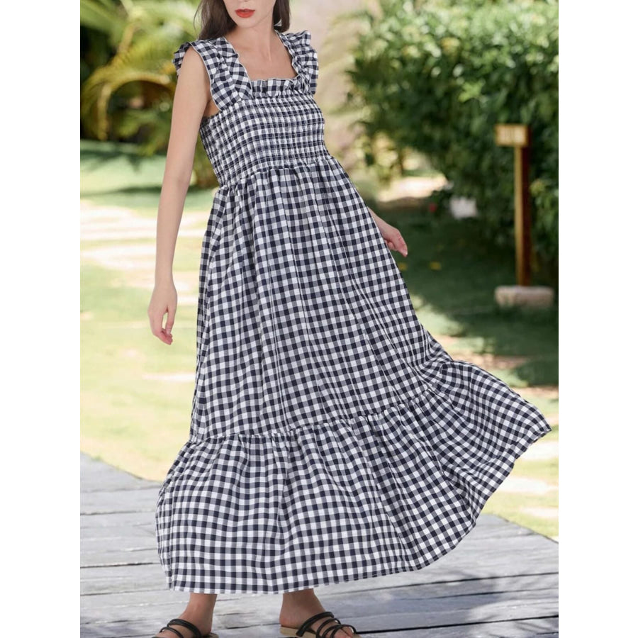 Ruffled Sleeveless Gingham Midi Dress Apparel and Accessories