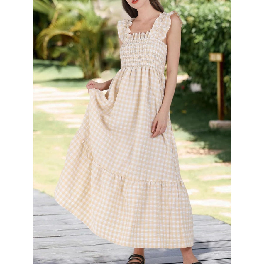 Ruffled Sleeveless Gingham Midi Dress Apricot / S Apparel and Accessories