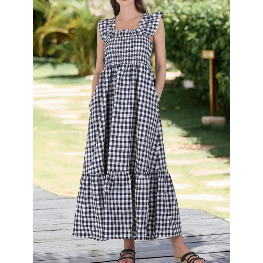 Ruffled Sleeveless Gingham Midi Dress Black / S Apparel and Accessories