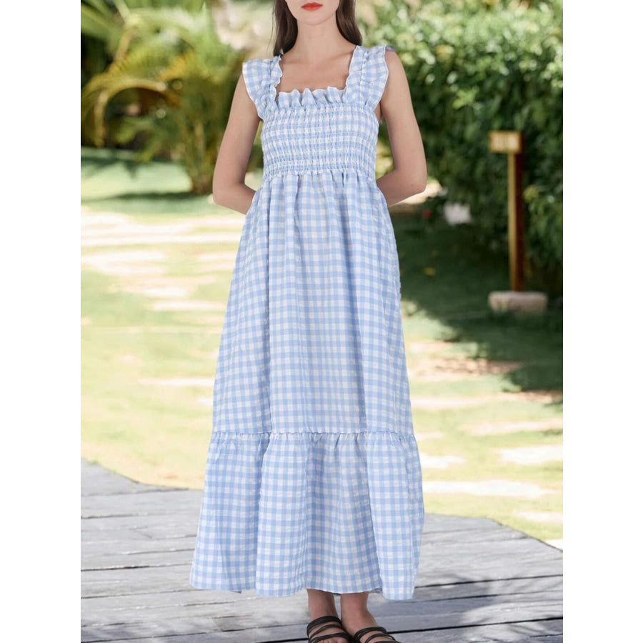 Ruffled Sleeveless Gingham Midi Dress Blue / S Apparel and Accessories