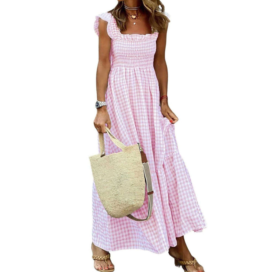Ruffled Sleeveless Gingham Midi Dress Pink / S Apparel and Accessories