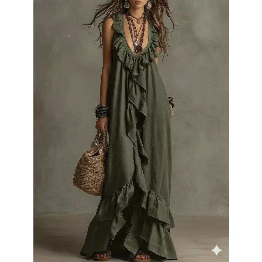 Ruffled Sleeveless Maxi Dress Black Forest / S Apparel and Accessories