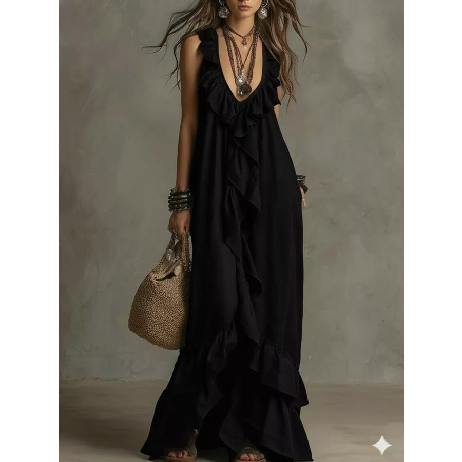 Ruffled Sleeveless Maxi Dress Black / S Apparel and Accessories