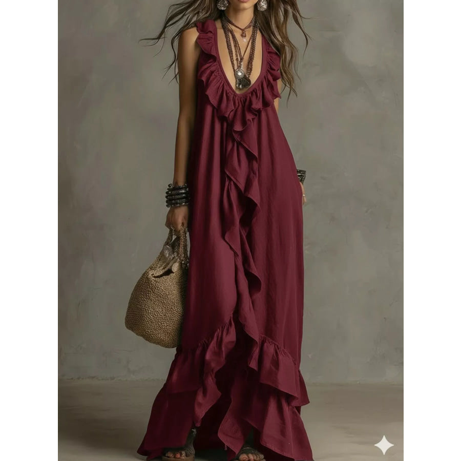 Ruffled Sleeveless Maxi Dress Burgundy / S Apparel and Accessories