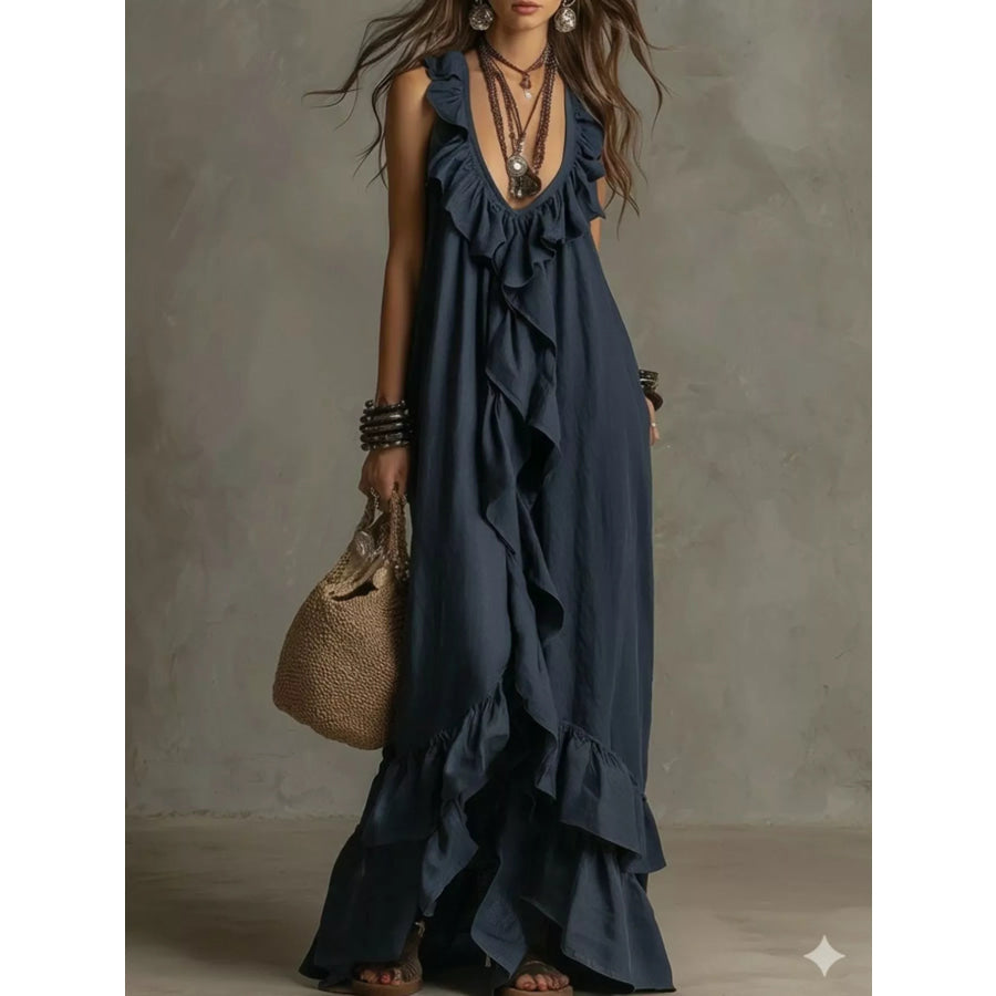 Ruffled Sleeveless Maxi Dress Dark Blue / S Apparel and Accessories