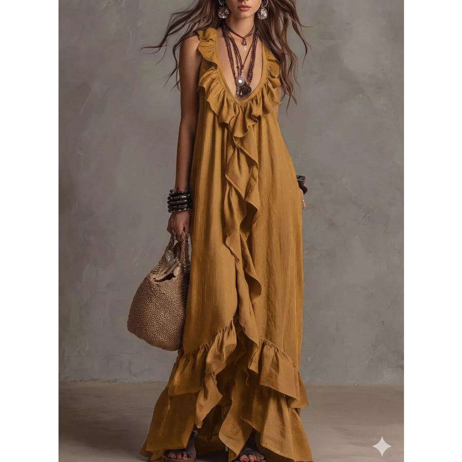 Ruffled Sleeveless Maxi Dress Mustard / S Apparel and Accessories