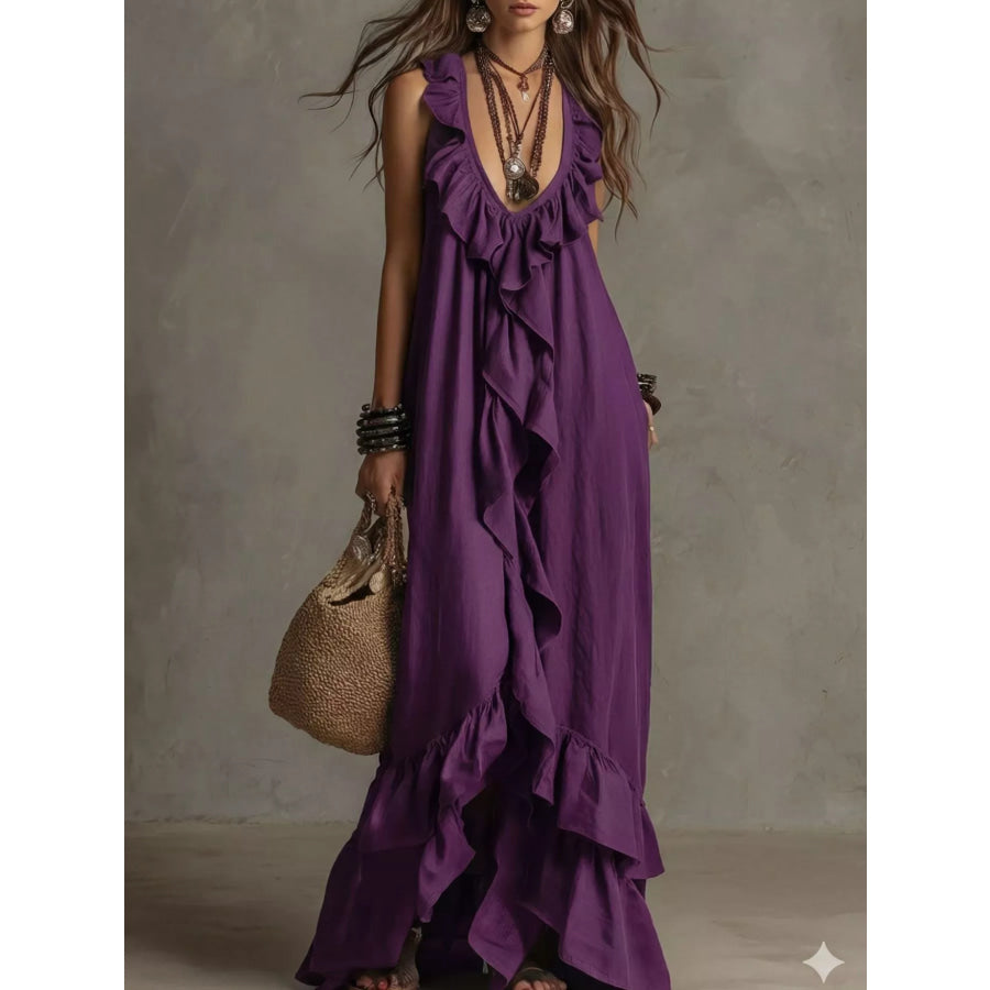 Ruffled Sleeveless Maxi Dress Plum Purple / S Apparel and Accessories