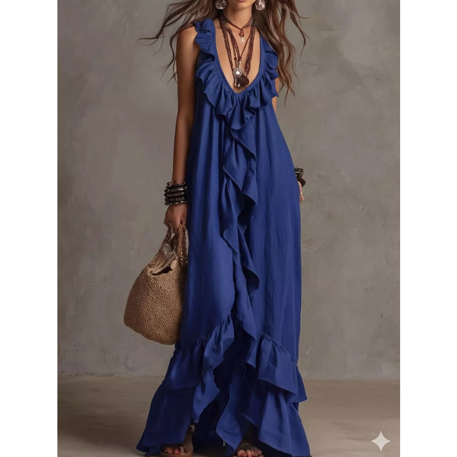 Ruffled Sleeveless Maxi Dress Royal Blue / S Apparel and Accessories