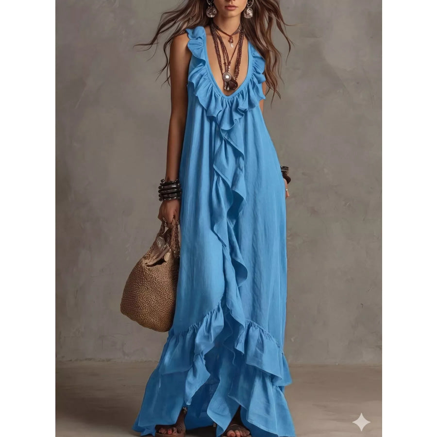 Ruffled Sleeveless Maxi Dress Sky Blue / S Apparel and Accessories