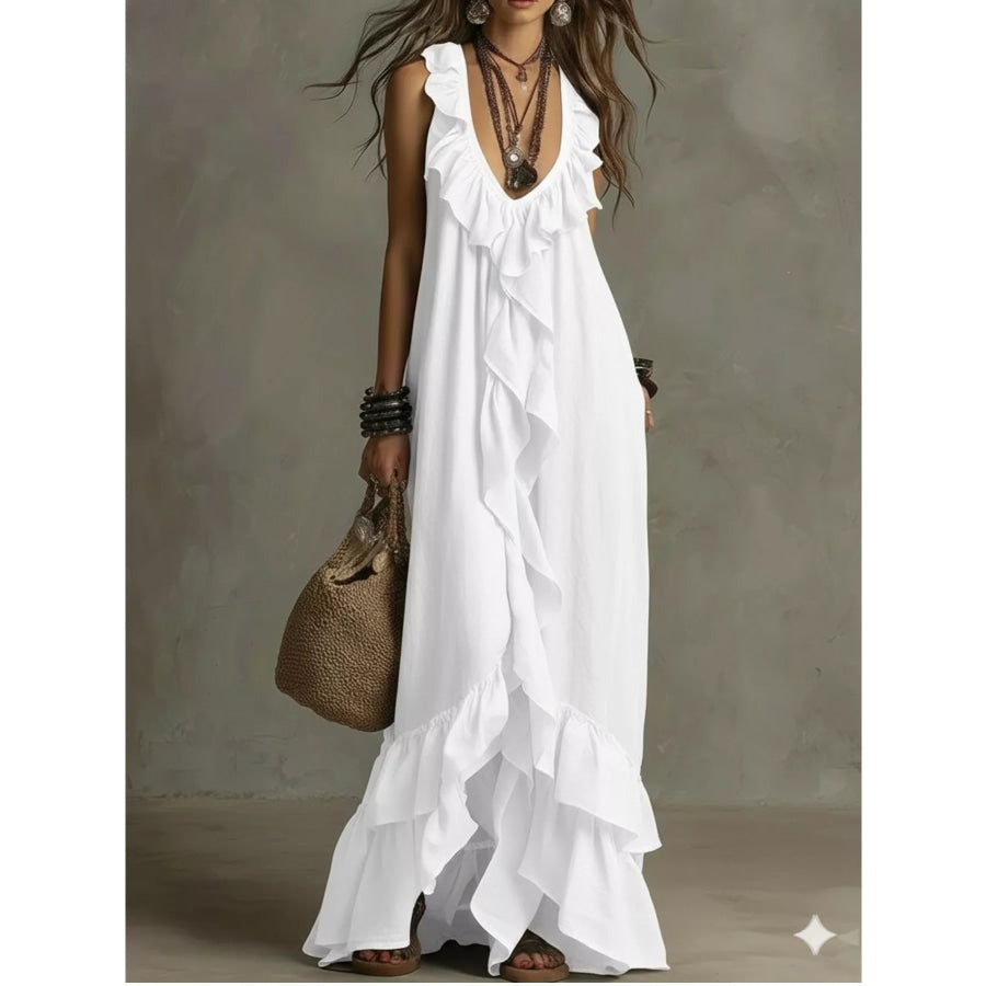 Ruffled Sleeveless Maxi Dress White / S Apparel and Accessories