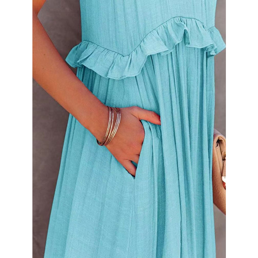 Ruffled Sleeveless Maxi Dress with Pockets Apparel and Accessories