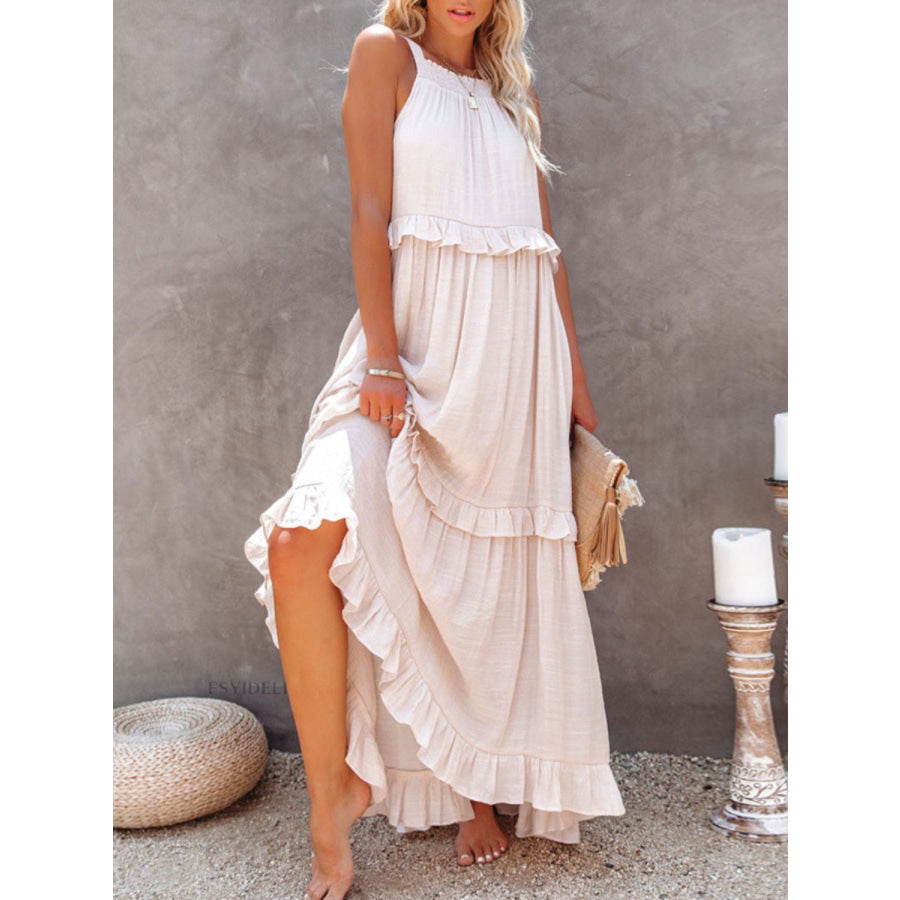 Ruffled Sleeveless Maxi Dress with Pockets Apparel and Accessories