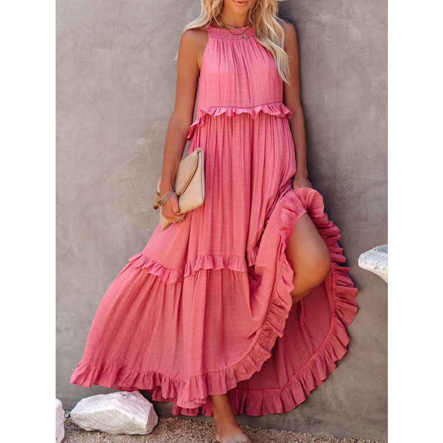 Ruffled Sleeveless Maxi Dress with Pockets Burnt Coral / S Apparel and Accessories
