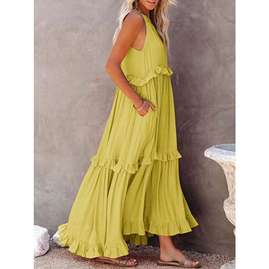 Ruffled Sleeveless Maxi Dress with Pockets Chartreuse / S Apparel and Accessories