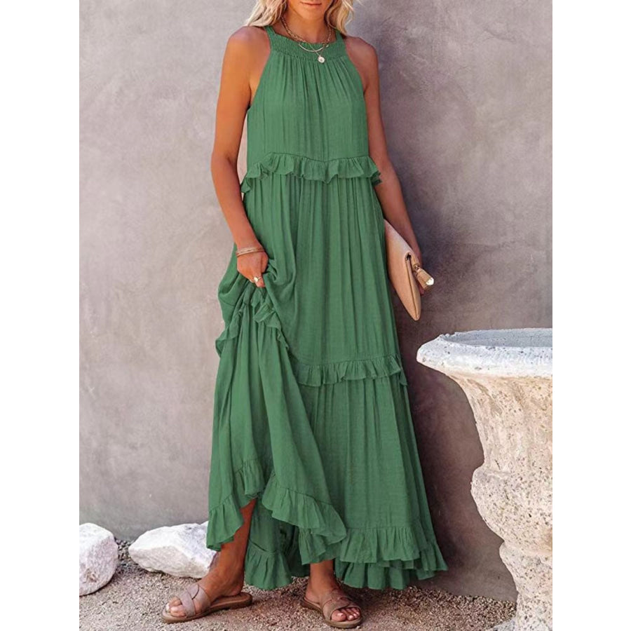 Ruffled Sleeveless Maxi Dress with Pockets Green / S Apparel and Accessories