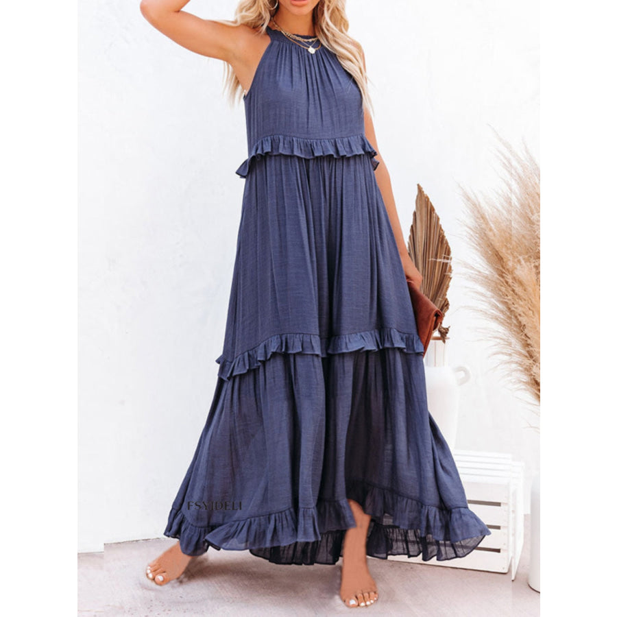 Ruffled Sleeveless Maxi Dress with Pockets Navy / S Apparel and Accessories