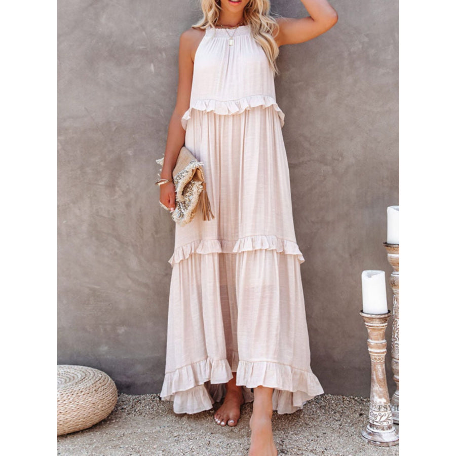 Ruffled Sleeveless Maxi Dress with Pockets Sand / S Apparel and Accessories