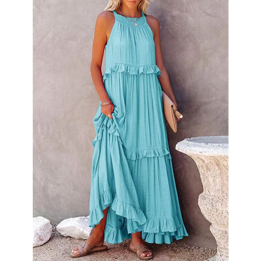 Ruffled Sleeveless Maxi Dress with Pockets Sky Blue / S Apparel and Accessories