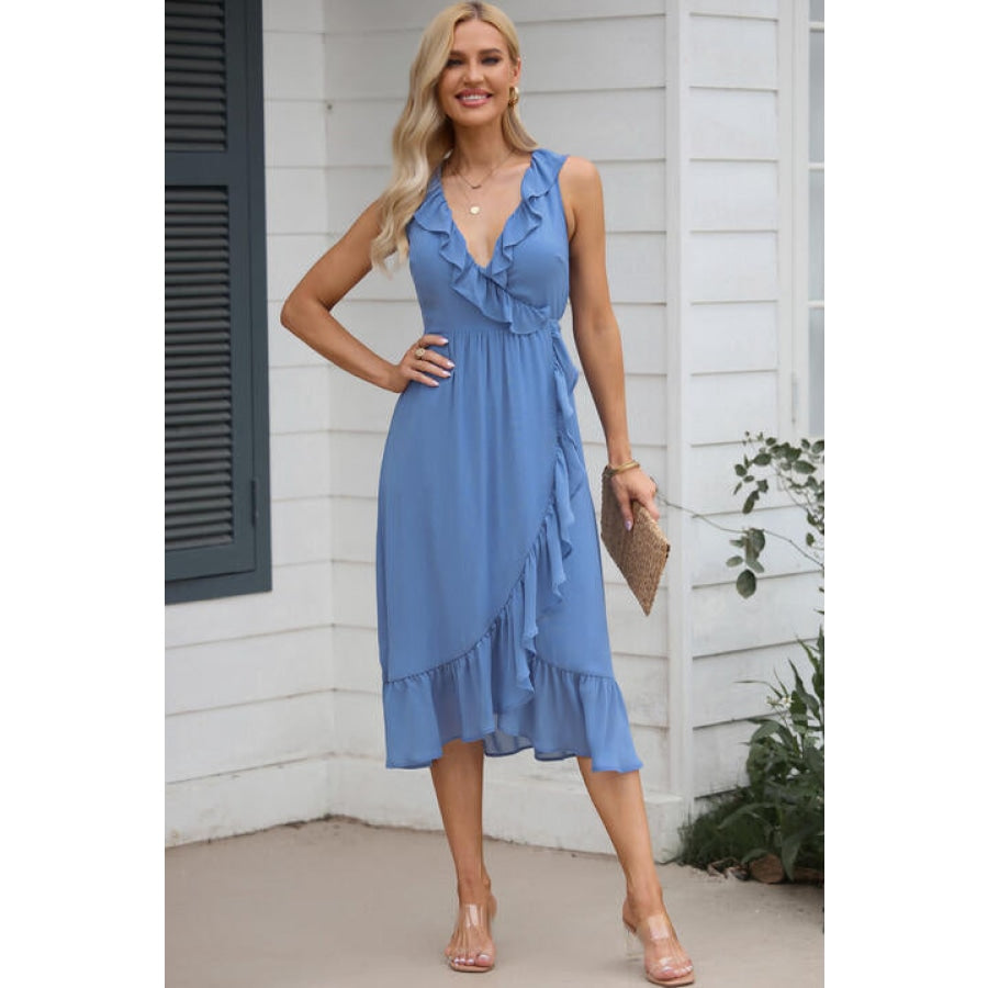 Ruffled Sleeveless Midi Dress Sky Blue / S Clothing