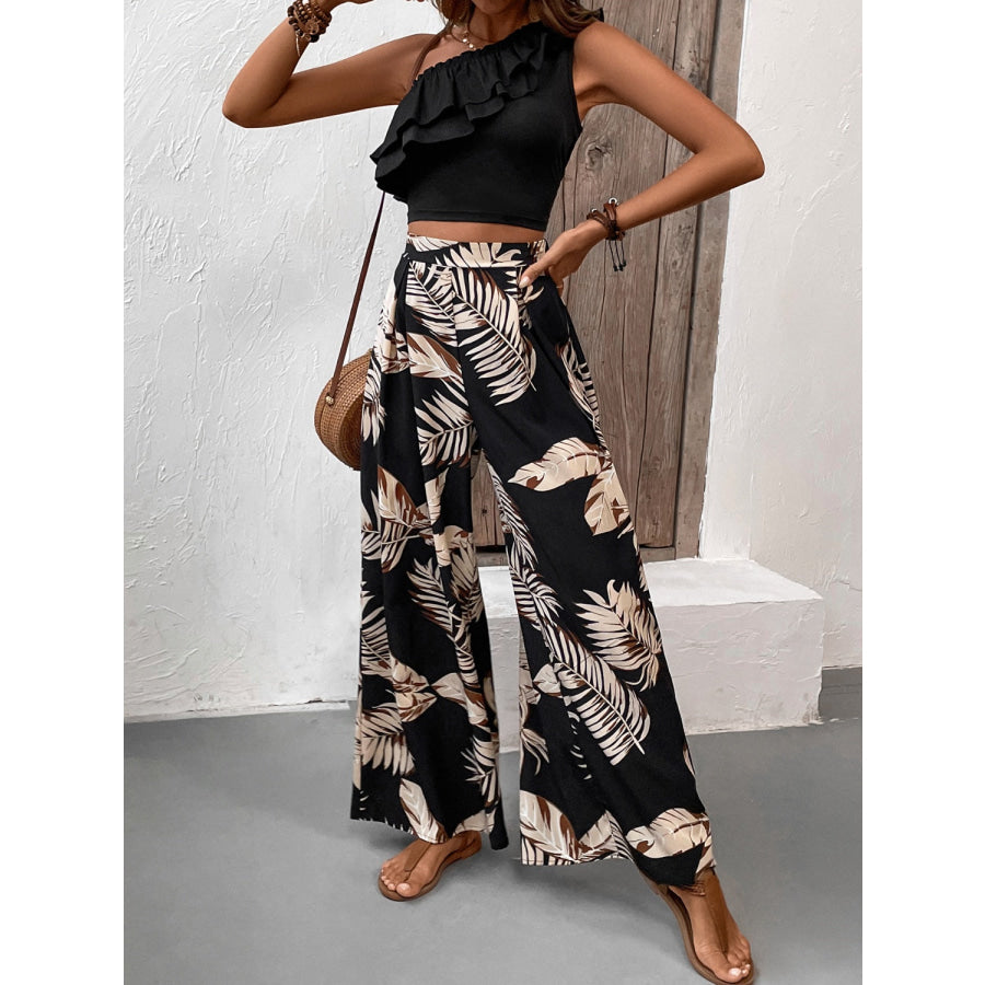 Ruffled Sleeveless Top and Printed Pants Set Black / S Apparel and Accessories