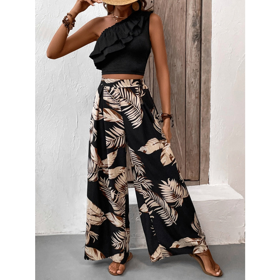 Ruffled Sleeveless Top and Printed Pants Set Apparel and Accessories