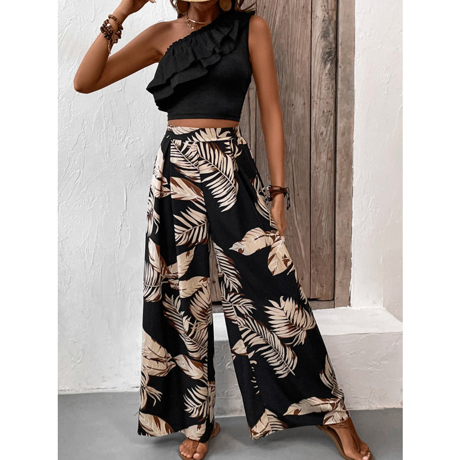 Ruffled Sleeveless Top and Printed Pants Set Apparel and Accessories