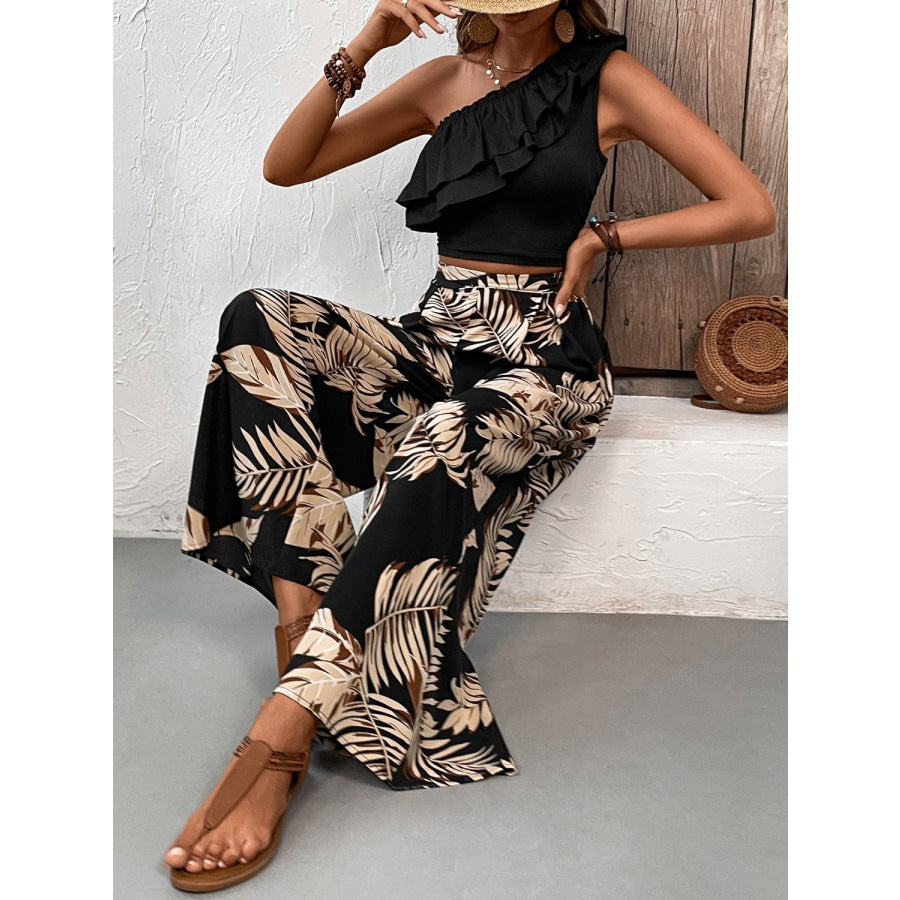 Ruffled Sleeveless Top and Printed Pants Set Apparel and Accessories