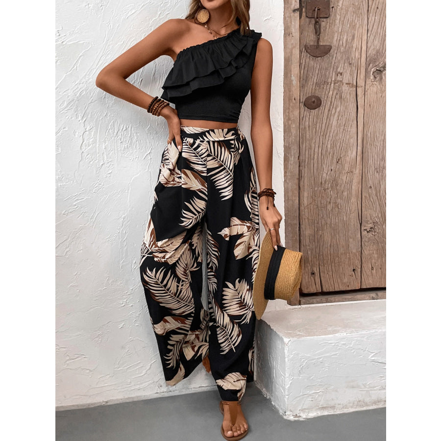 Ruffled Sleeveless Top and Printed Pants Set Apparel and Accessories