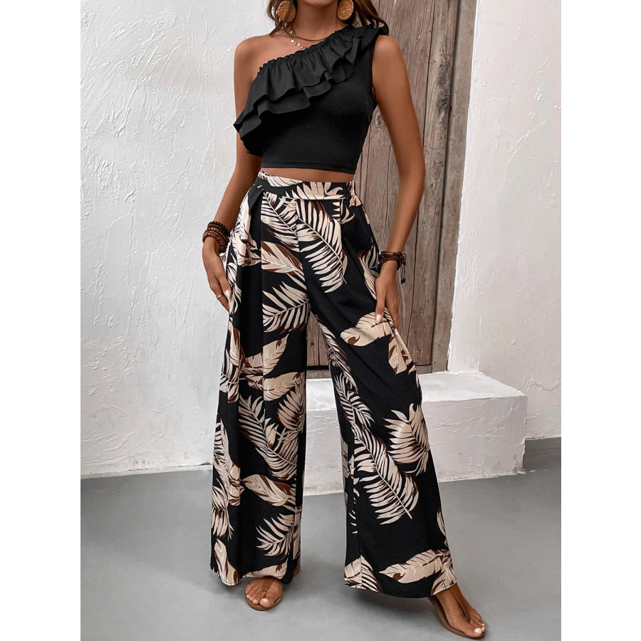 Ruffled Sleeveless Top and Printed Pants Set Black / S Apparel and Accessories