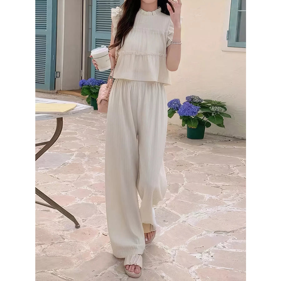 Ruffled Sleeveless Top and Wide Leg Pants Set Apparel and Accessories