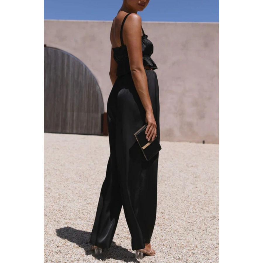 Ruffled Sleeveless Top and Wide Leg Pants Set Apparel and Accessories