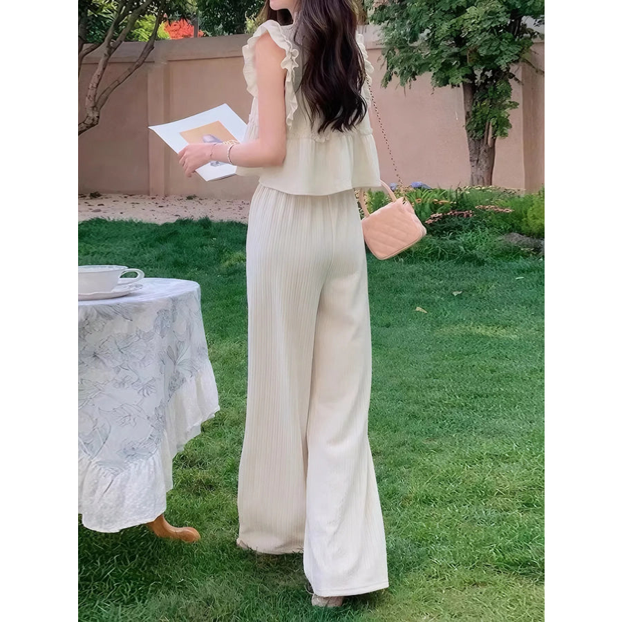 Ruffled Sleeveless Top and Wide Leg Pants Set Apparel and Accessories
