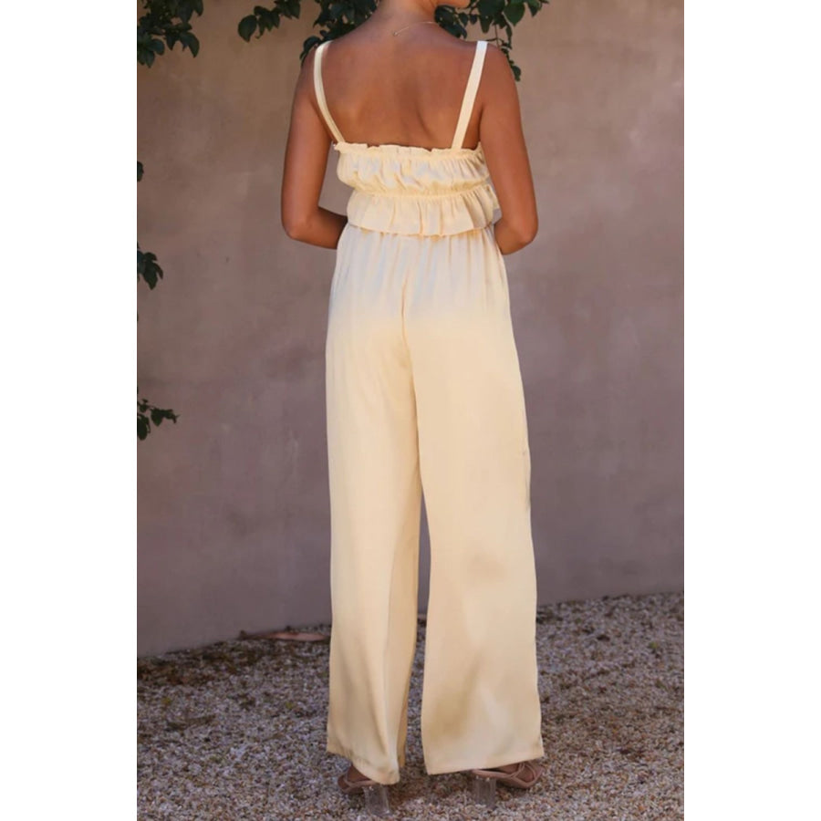 Ruffled Sleeveless Top and Wide Leg Pants Set Pastel Yellow / S Apparel and Accessories