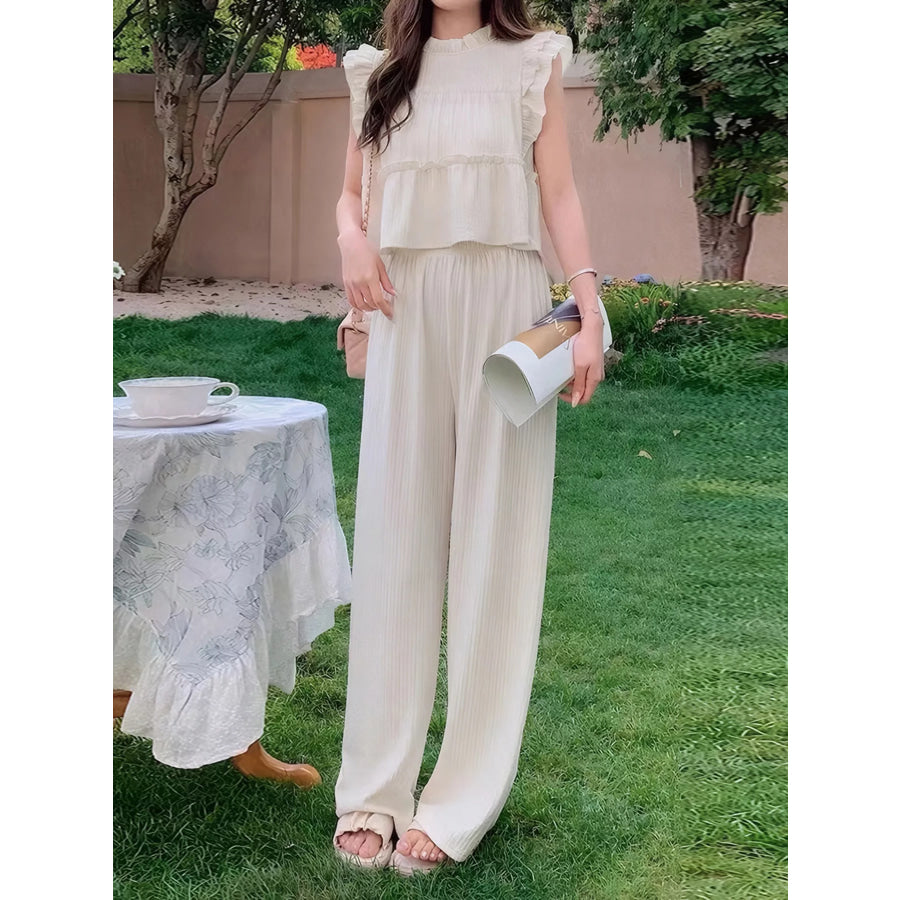 Ruffled Sleeveless Top and Wide Leg Pants Set Apparel and Accessories