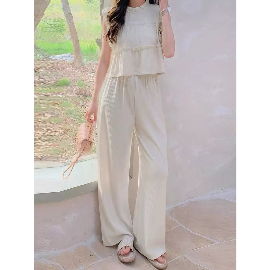 Ruffled Sleeveless Top and Wide Leg Pants Set Apricot / M Apparel and Accessories