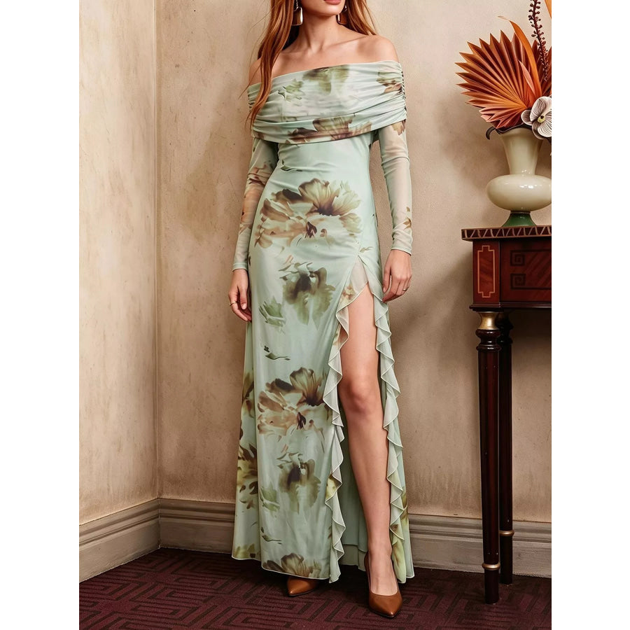 Ruffled Slit Off Shoulder Maxi Dress Apparel and Accessories