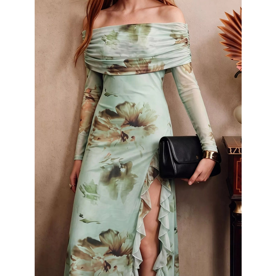 Ruffled Slit Off Shoulder Maxi Dress Apparel and Accessories