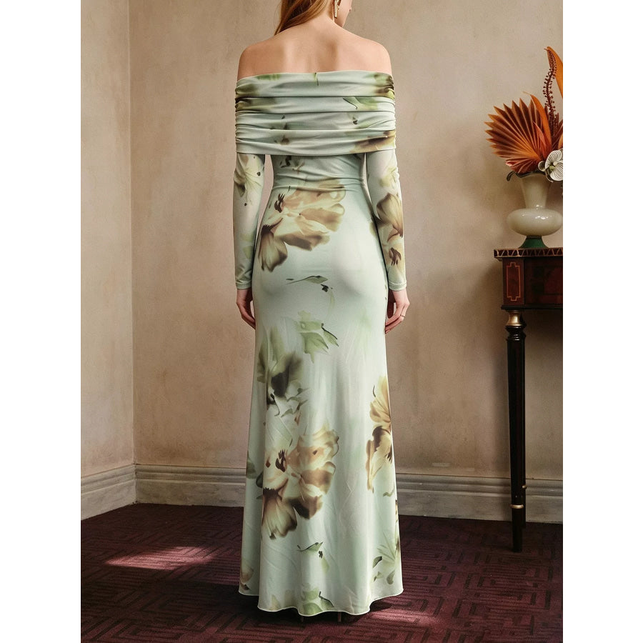 Ruffled Slit Off Shoulder Maxi Dress Floral / S Apparel and Accessories