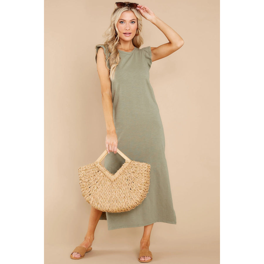 Ruffled Slit Round Neck Cap Sleeve Dress Apparel and Accessories