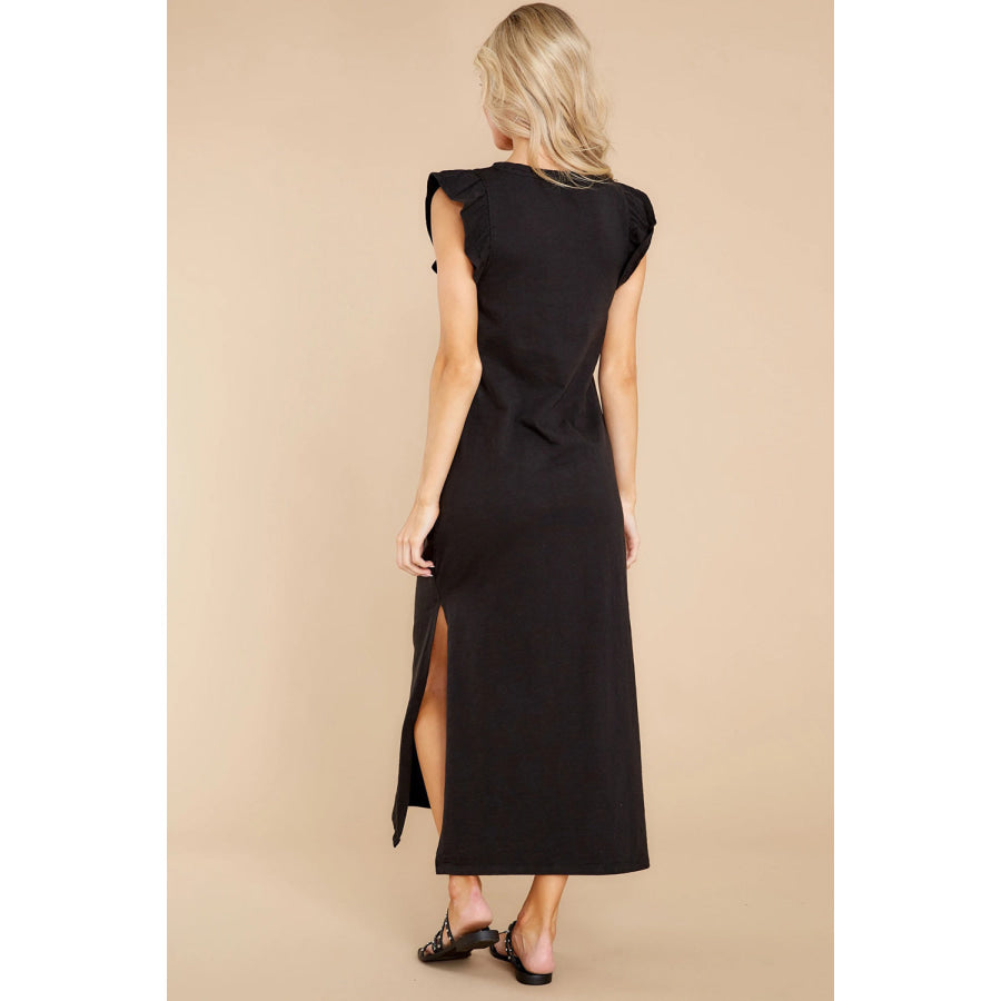 Ruffled Slit Round Neck Cap Sleeve Dress Apparel and Accessories