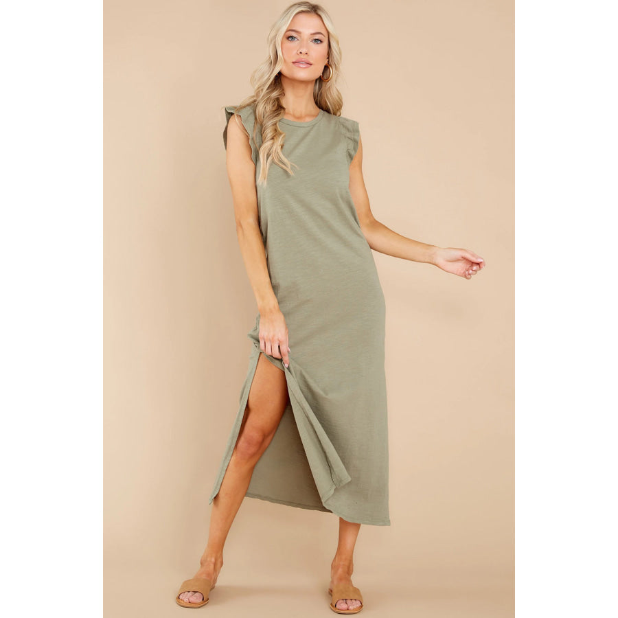 Ruffled Slit Round Neck Cap Sleeve Dress Apparel and Accessories