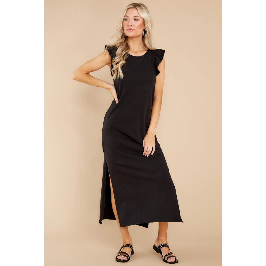 Ruffled Slit Round Neck Cap Sleeve Dress Apparel and Accessories