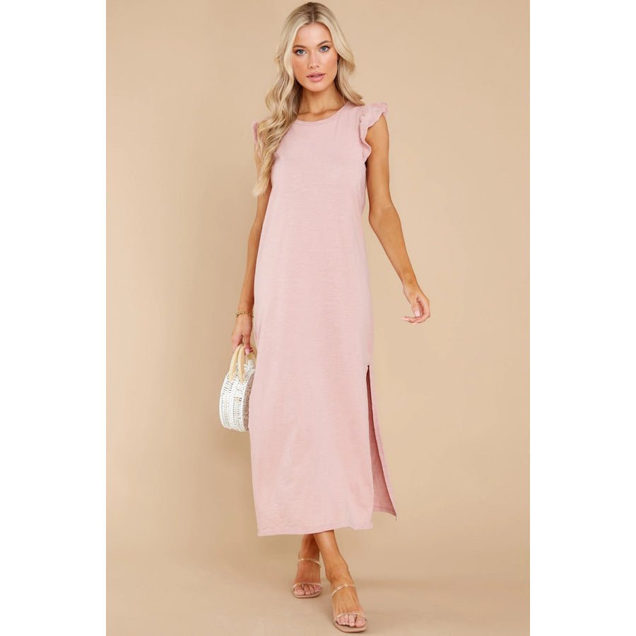 Ruffled Slit Round Neck Cap Sleeve Dress Apparel and Accessories