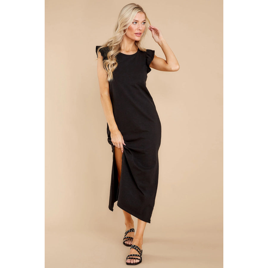 Ruffled Slit Round Neck Cap Sleeve Dress Black / S Apparel and Accessories