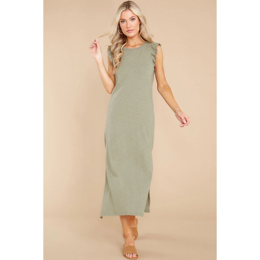 Ruffled Slit Round Neck Cap Sleeve Dress Sage / S Apparel and Accessories