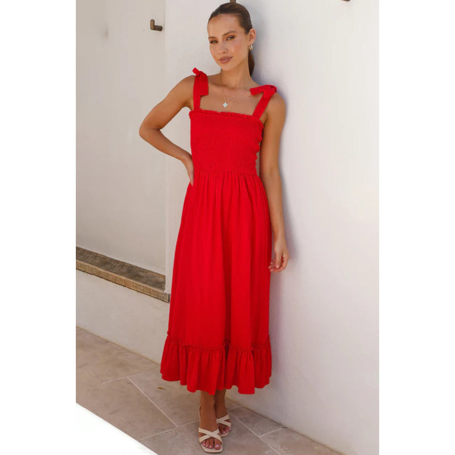 Ruffled Smocked Ruffle Hem Sleeveless Dress Red / S Apparel and Accessories