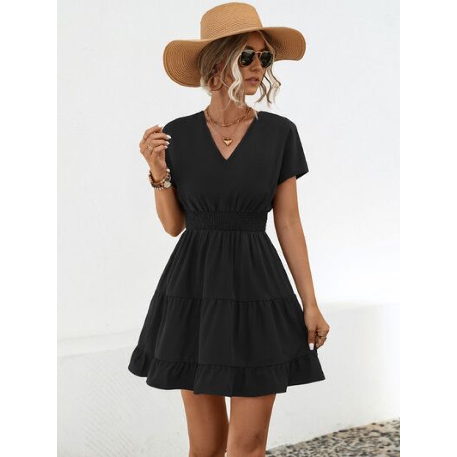 Ruffled Smocked V - Neck Tiered Dress Apparel and Accessories