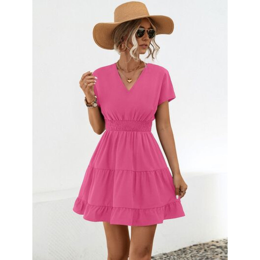 Ruffled Smocked V - Neck Tiered Dress Apparel and Accessories